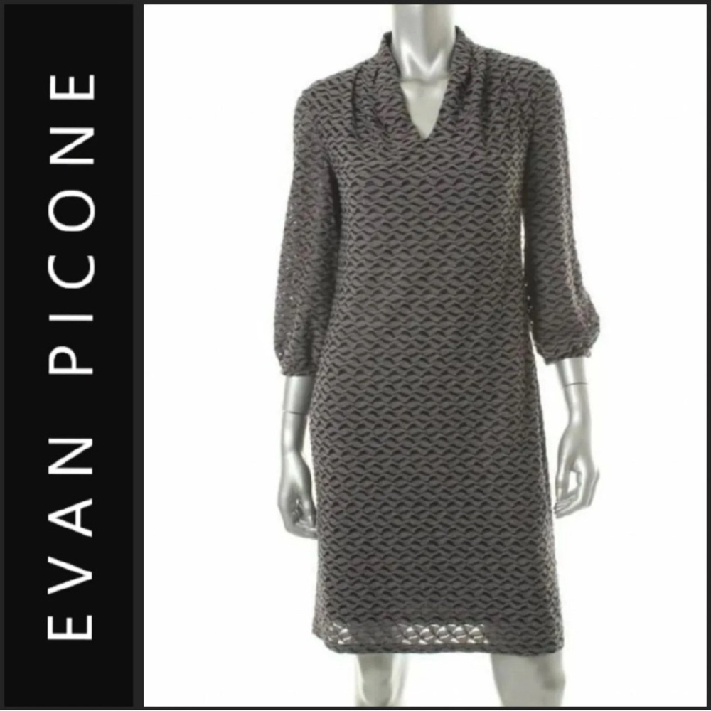 Evan Picone Dress Womens Size 16 Gray Black Textured V‎ Neck 3/4 Sleeve Sheath